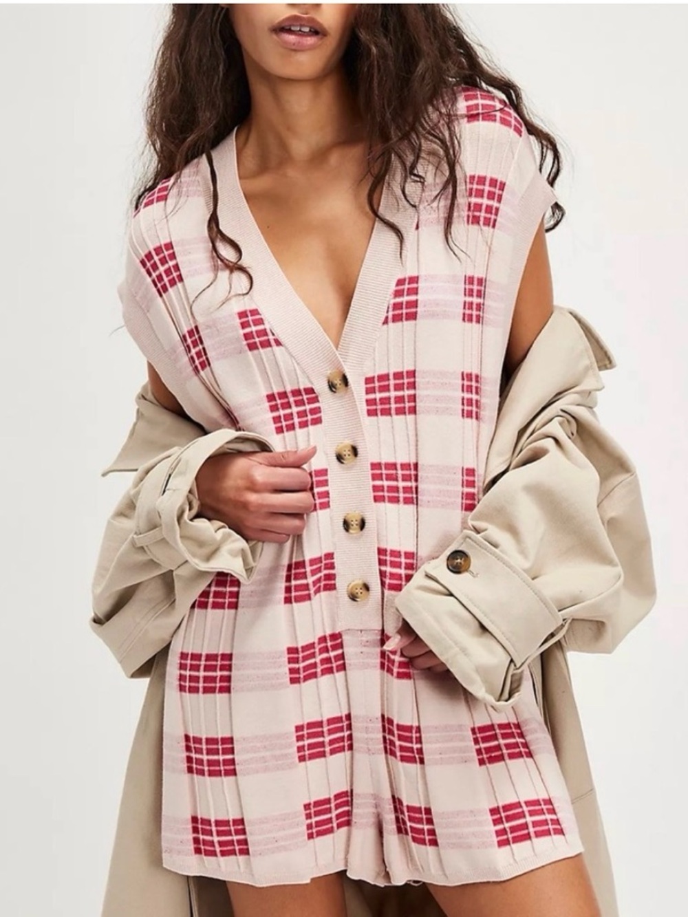 Free People Lewis Plaid knit onesie Romper Fall academia University Lounge S